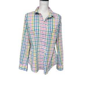J Crew Pastel Rainbow Gingham Plaid Lightweight Cotton Button Up‎ Shirt L Easter